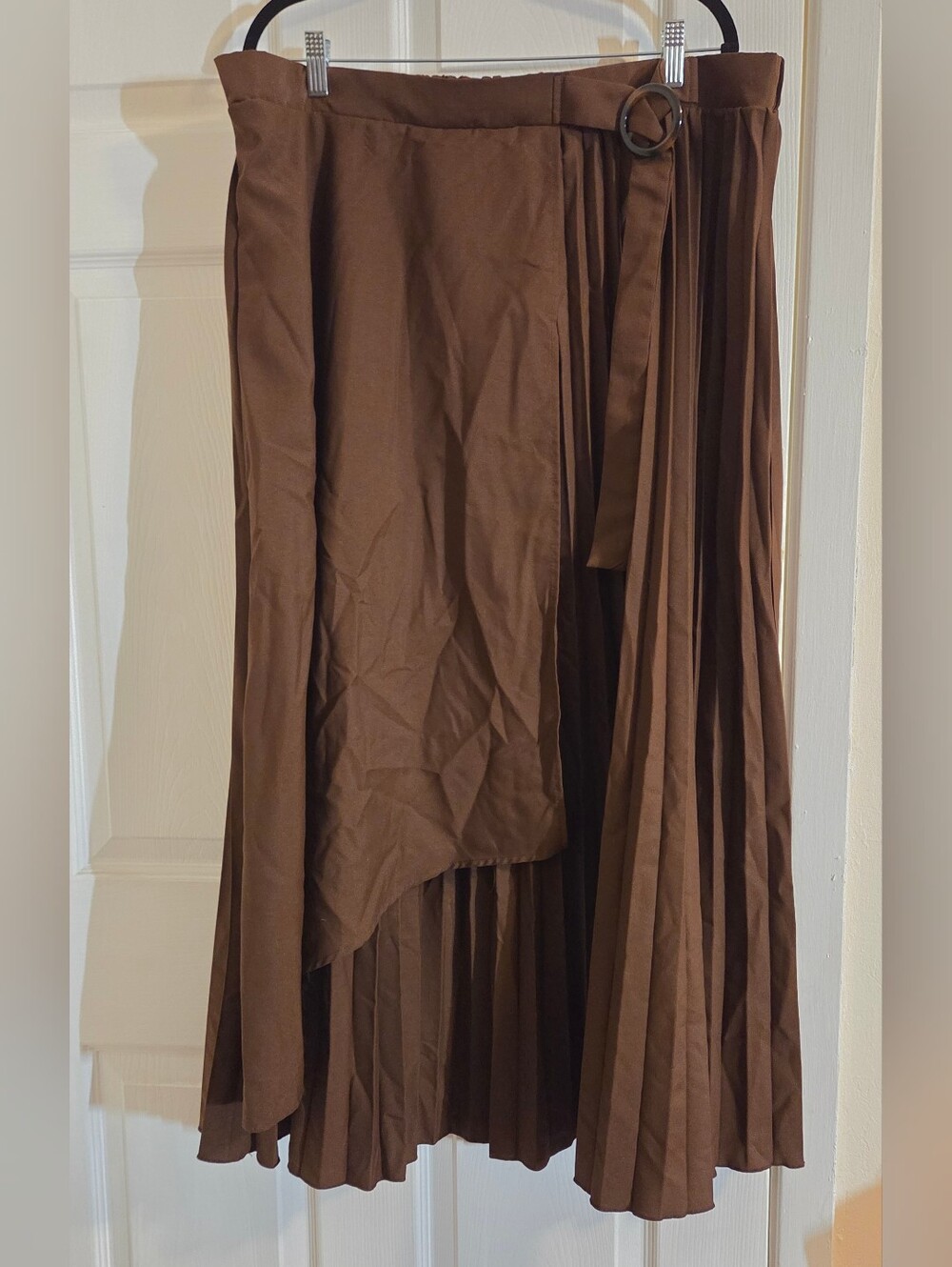 SHEIN Brown Asymmetrical Pleated Midi Skirt with Ring Belt
